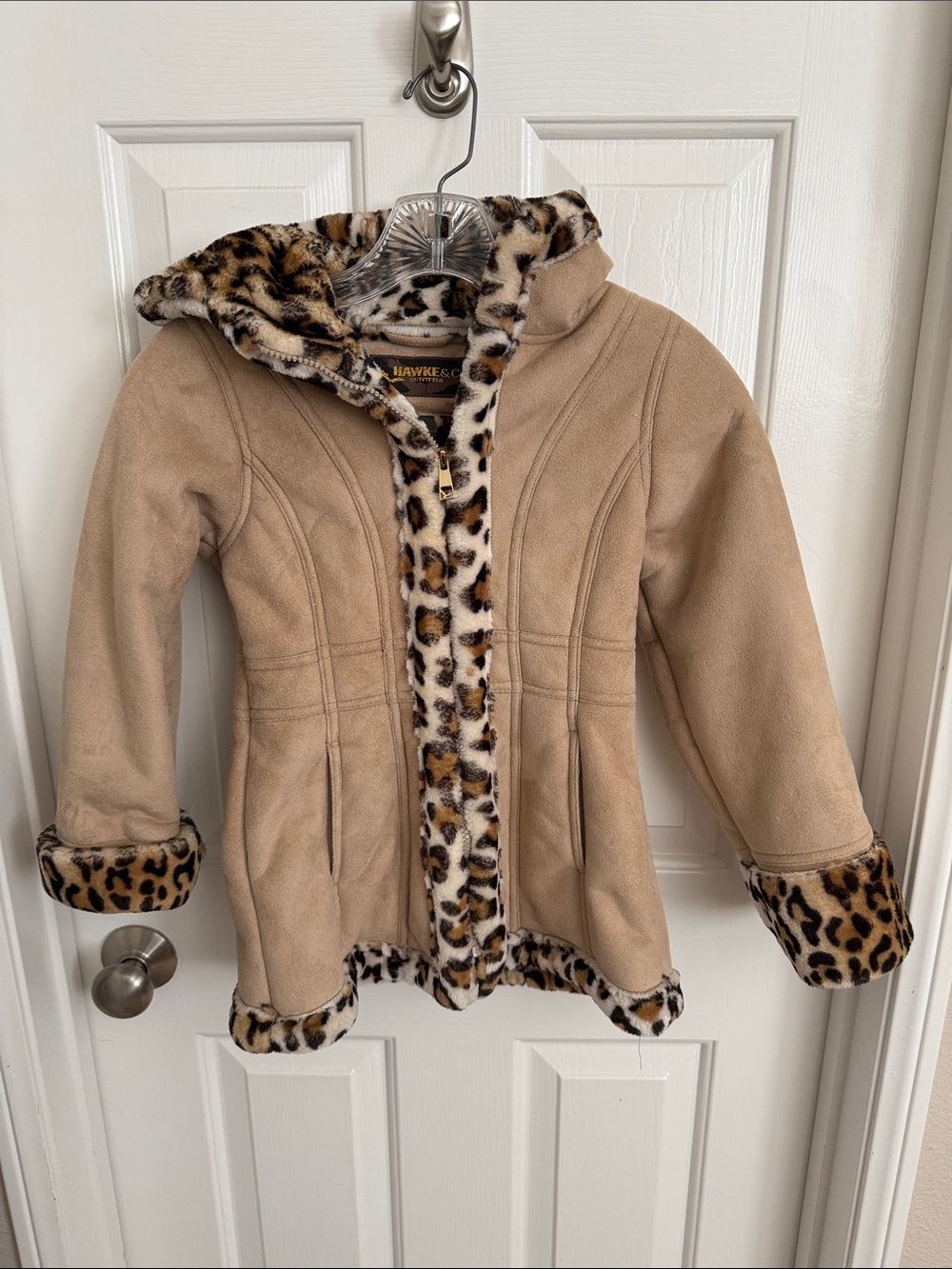 Hawke & Co Girls' Tan Coat with Leopard Faux-Fur Trim